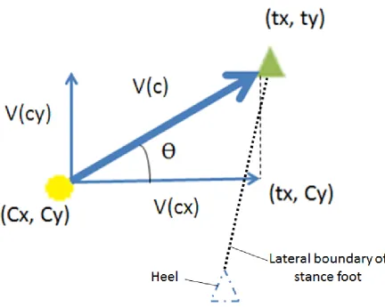 Figure 3.4.5 Lateral balance loss simulation in the transverse plane. CoM location (Cx, Cy); stance toe location (tx, ty); V(c) = resultant CoM velocity in the transverse plane due to lateral push; V(cx) = CoM lateral velocity due to lateral push; V(cy) = 