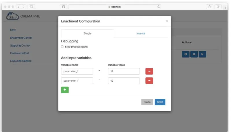 Figure 8. Screenshot of the process execution engine “enactment conﬁguration” capabilities: here, theuser can launch one time or repeatedly on an interval basis a process, passing an arbitrary number ofcontextual variables, to be used as the complement for the process enactment environment.