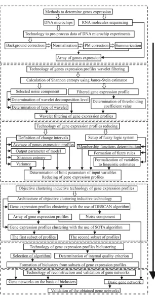 Figure 1. Structure ﬂow chart of the information technology of the gene expression proﬁles processingfor purpose of gene regulatory network reconstruction.