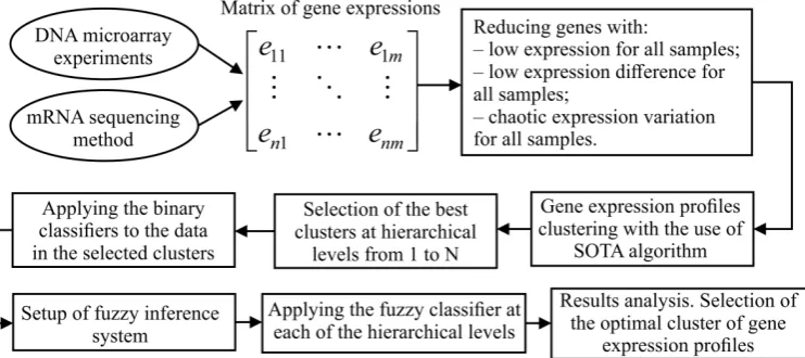 Figure 1152153which was implemented within the framework of current research. As it can be seen from Figureimplementation of this procedure assumes solving the following tasks: shows the structure chart of stepwise procedure of gene expression data processing 1,154