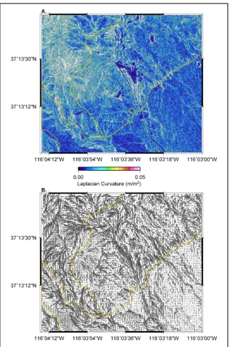 Figure 10. (A) Absolute value of the Laplacian curvature of the 0.25-meter DEM. Yellow lines designate observed geologic boundaries