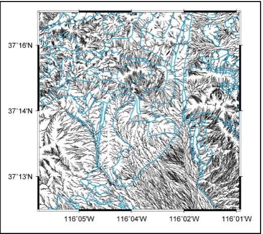 Figure 5. The drainage pattern computed for the 1-meter DEM of the study area (branches shown are limited to Strahler order 4-9 for clarity)