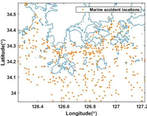 Figure 2. Marine accident locations (1997–2016) (Orange). 