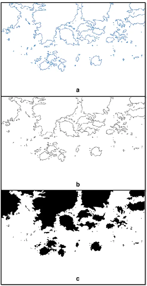 Figure 3. Image processing: (a) Map with boundaries with RGB image; (b) Grayscale converted boundaries; (c) Land and sea areas marked in black and white, respectively