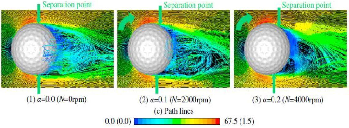 Figure  1:  Flow  characteristics  of  a  golf  ball  using  computational  fluid  dynamics  simulations  (Aoki et al., 2010) 