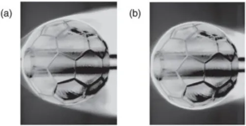 Figure 3: Smoke flow visualization which shows the differences in the flow field surrounding a  soccer ball: (a) laminar flow at Re = 9 ×10 4  and (b) turbulent flow at Re = 1.3 ×10 5  (Carré et al., 2005) 