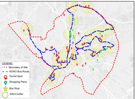 Figure 2 Existing Route, Location of Bus Stops and Buffering Analysis 