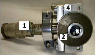 Fig. 1. Schematic view of ECR ion source based on a coaxial resonator: 1 - replaceable internal part of the resonator, 2 - external part of the resonator, 3 – coupling loop, 4 – permanent magnet ring, 5 - replaceable plasma electrode, 6 - pulling electrode