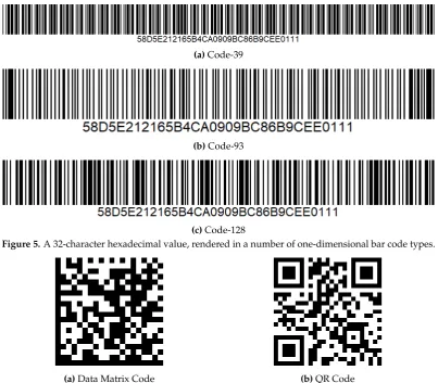 Figure 5. A 32-character hexadecimal value, rendered in a number of one-dimensional bar code types.