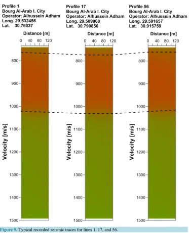 Figure 9. Typical recorded seismic traces for lines 1, 17, and 56.                                  