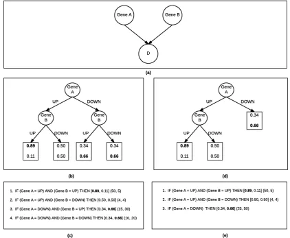 Figure 3. Bayesian Rule Learning: (a) Bayesian Network for target D and predictor variables GeneA and gene B