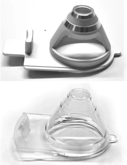 Figure 1 The Alcon/WaveLight® FS200 patient interfaces 1504 (metal and glass, top) and 1505 (clear cone, bottom).