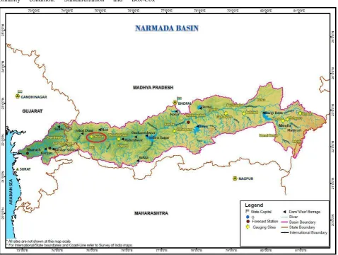 Figure 1: Narmada River basin showing major gauging sites, dams and barrage, India WIRS, (2014).