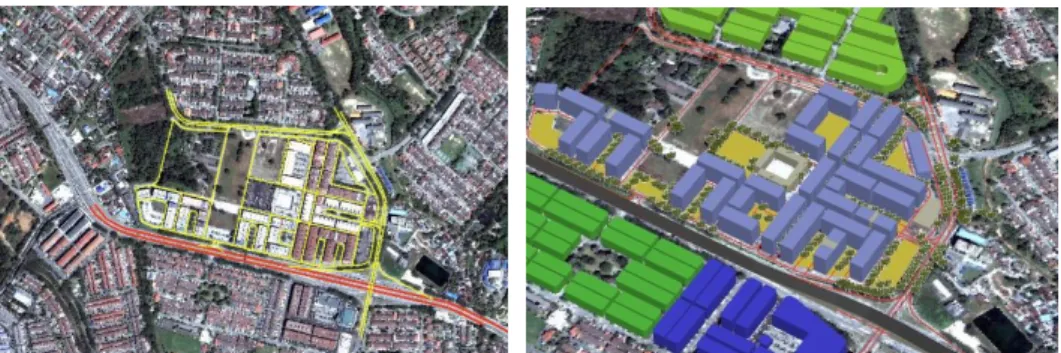 Figure 7: The 2D view of traffic route marked in red and yellow lines in ArcMap. The  3D view of traffic and parking system in ArcScene 