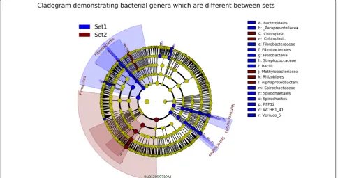 Figure 4 Cladogram demonstrating bacterial genera which are different between sets. LefSe analysis establishing the most differentially abundant taxa between set 1 and set 2 was used to generate a taxonomic cladogram demonstrating family/genera that were m