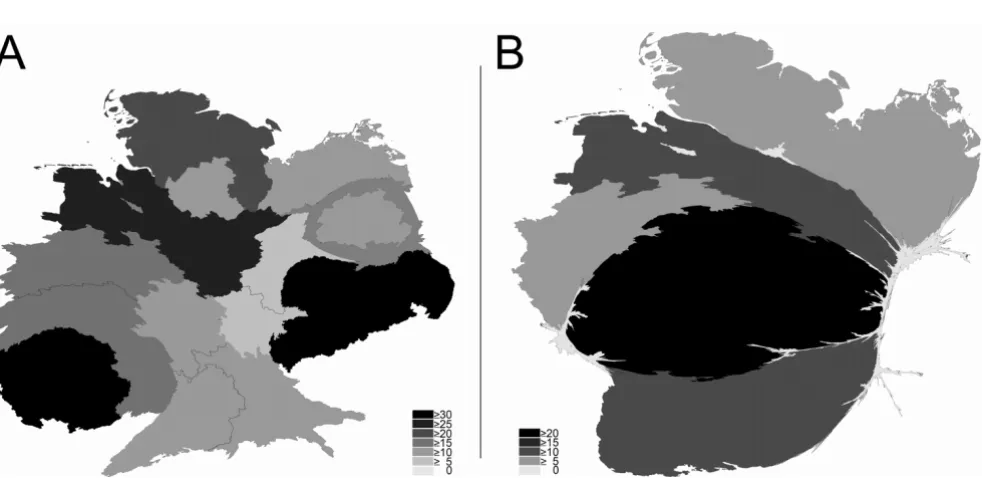 Figure 3Density equalizing mapping of citation numbers of the full professorships (C4/W3) per German state between 2002 and 2006Density equalizing mapping of citation numbers of the full professorships (C4/W3) per German state between 2002 and 2006