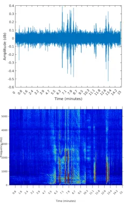 Figure 8: Waveform and spectrogram of third sample: many short events