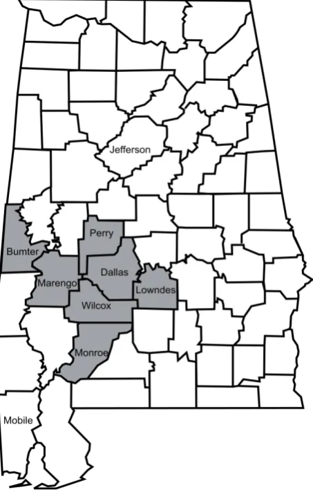 Figure 1. Map of Alabama—highlighted in gray the location of study population. 