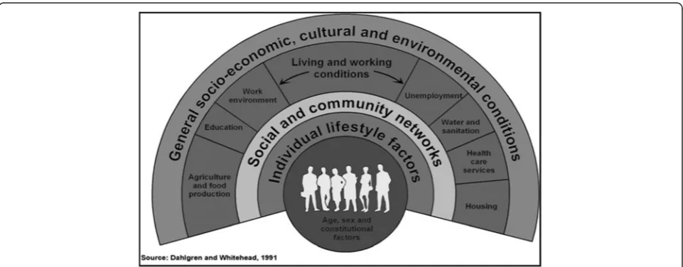 Fig. 1 Dahlgren and Whitehead’s social model of health. This model explains the social theory of health mapping the relationship between theindividual and the environment leading to health and disease