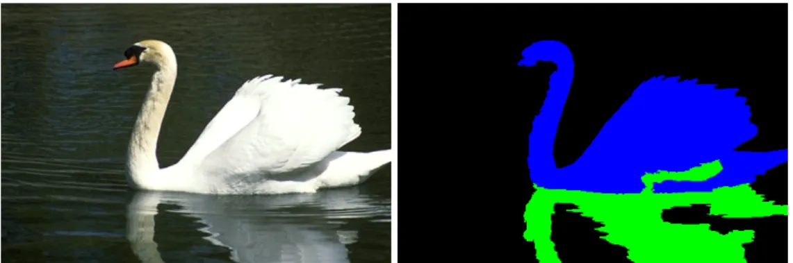 Figure 1.1 – Illustration of an image segmentation: left is the input image, right is a segmentation into meaningful segments.