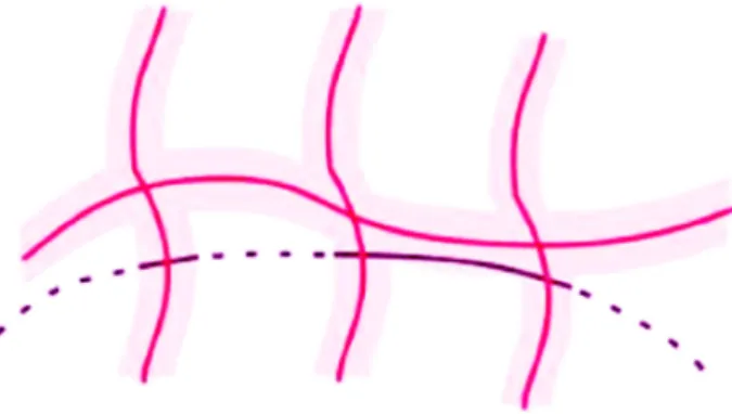 Figure 2.3 – Illustration of the boundary recall: The boundary of a ground-truth segment (black) counts towards the boundary recall (without the dotted black lines) if it is within a distance of t to the boundary of a superpixel (pink).