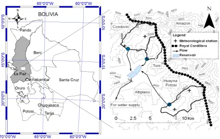 Figure 1. Study area located in the West side of the Bolivian Royal Andes. The Bolivian Royal Andes separate the warm wet Amazon on the East and the dry cold Altiplano on the West