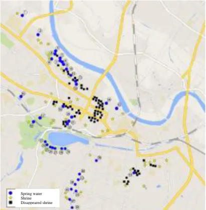 Figure 1: Spring water locations in a central area of Mito 