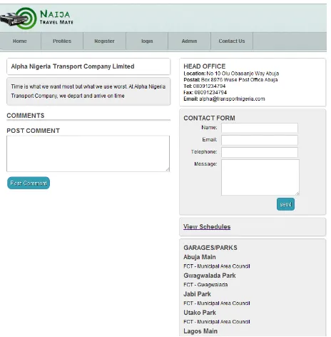 Figure 13: Profile Page showing details of a registered transport company 