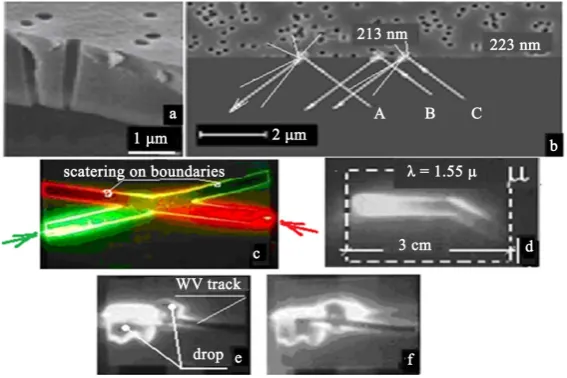 Figure 1. Cross-section of the PET film with pores (a); explanation of light beam reflectance from the interface of a pore less film and a film having ran-domly arranged pores (b); (c) (d) light wave propagation in some waveguide elements; (e) (f) wave tra