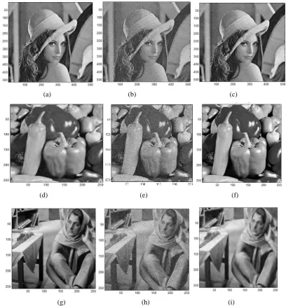 Fig 6: Denoising results for proposed algorithm (a) Lena, Original image (b) Lena, Noisy image (σ=30) (c) Lena, Denoised image (d) Peppers, Original image (e) Peppers, Noisy image (σ=15) (f) Peppers, Denoised image (g) Barbara, Original image 