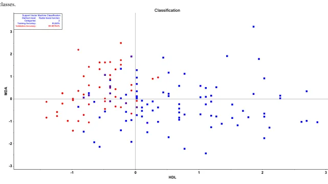 Figure 1. Results of Support Vector Machine and 2D scatter plot of the discrimination of metabolic syndrome (red squares) and controls (blue 