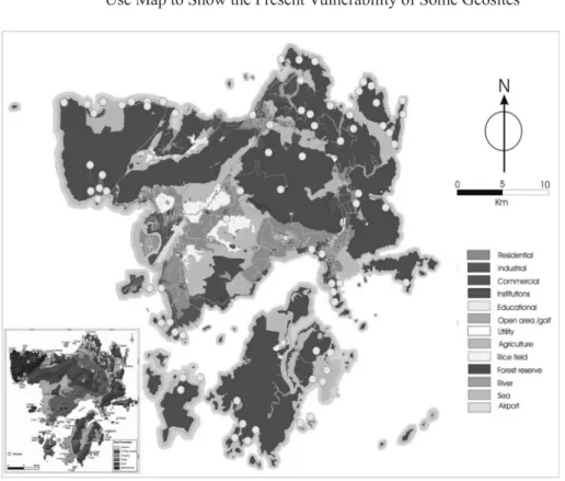 FIGURE 5  :  Distribution of Geoheritage Sites Superimposed on the Present Land  Use Map to Show the Present Vulnerability of Some Geosites