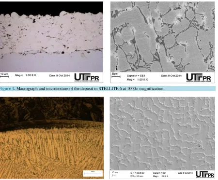 Figure 1. Macrograph and microtexture of the deposit in STELLITE 6 at 1000× magnification