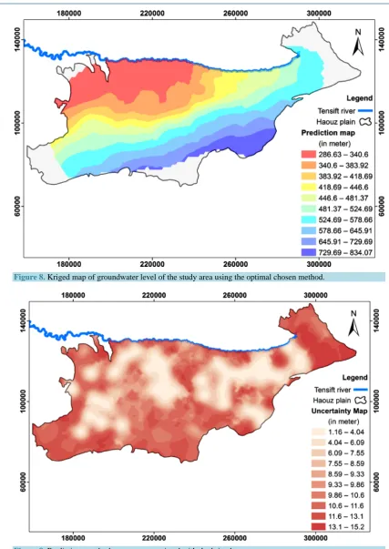 Figure 8. Kriged map of groundwater level of the study area using the optimal chosen method