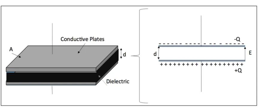 Figure 1. The schematic diagram of the induced electric charge (left) and electrical field in a parallel 