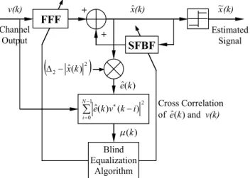 Fig. 1.   The proposed VSS-CMA algorithm based on cross  correlation of channel output and error signal with soft  decision feedback equalizer