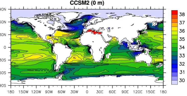Fig. 2. Annual-mean sea surface salinity (psu) in the standard CCSM2/T31 control run with default settings and parameters