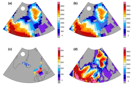 Fig. 4.Bathymetry around the Greenland-Scotland ridge:CCSM2.0.1 release plotted in raster-mode to display the “gx3v4” ocean-grid structure; (a) Ocean depths (m) at tracer grid points in the original low-resolution (b) same as (a) but for the new bathymetry usedin CCSM2/T31x3a; (c) difference between CCSM2/T31x3a and original bathymetry; (d) real bathymetry (ETOPO60) for comparison.