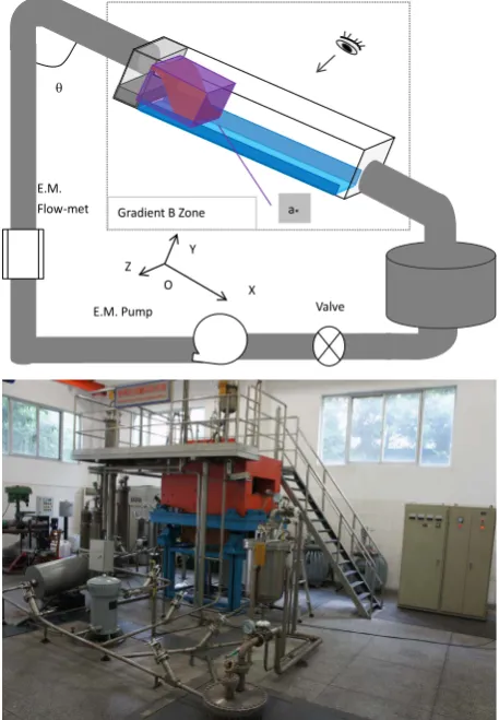 Figure 1. The photo of Liquid Metal Experimental Loop Up-grade (LMEL-U) facility (Downward) and the diagram of free surface flow MHD experiment (Upward)