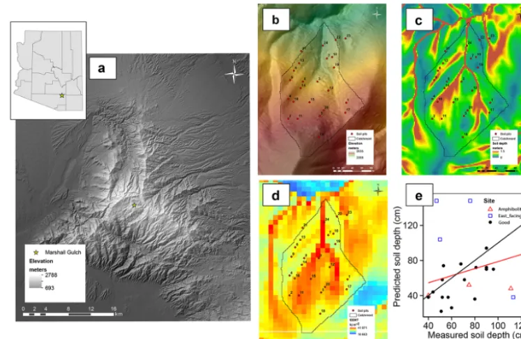 Figure 3. Coupled geomorphic–probabilistic model apparatus. Theprocess-based numerical soil depth model is used to predict soildepth, which is used to predict soil residence time