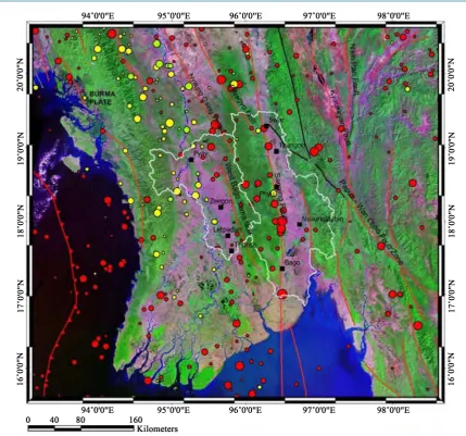 Figure 3. Seismic events 1900-2011 in Yangon (Red ≤ 40 km, Yellow > 40 and <80, Green ≥ 80 km)