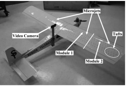 Figure 1. Schematic of the model aircraft used in the flight tests. Details of half of the air supply system used to operate the microjet actuators are shown in the right wing