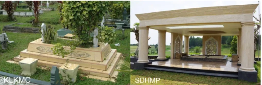 Figure 3: Examples of excessive grave markings and finishes at Muslim cemeteries at  KLKMC and SDHMP which do not comply with Islamic burial requirements
