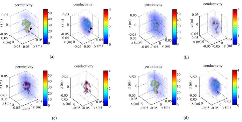 Figure 4. Dielectric property distributions of Model 1 in the cross section including the tumor voxel