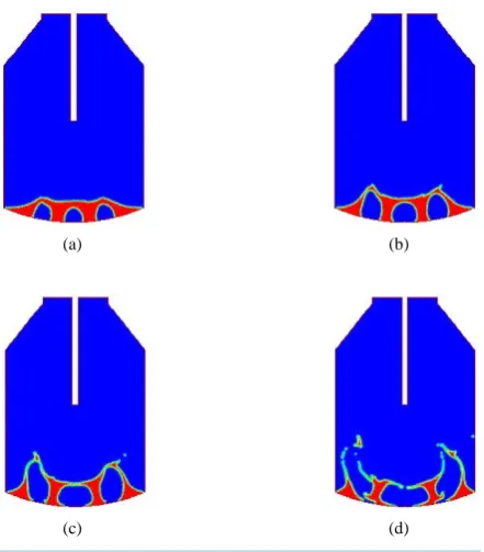 Figure 3. Time evolution of phase distributions for the full combined blowing. (a) 0.1, (b) 0.2, (c) 0.3, (d) 0.4 s elapsed from the start of blowing