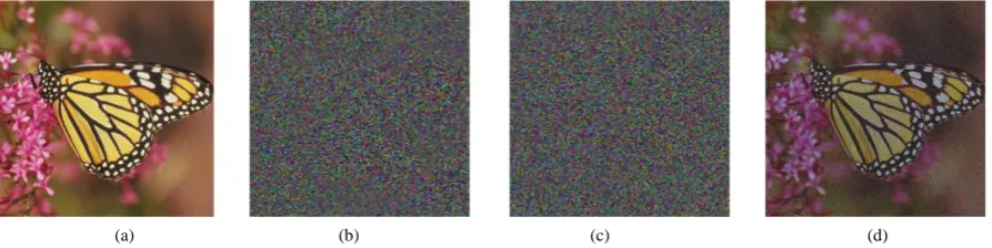 Figure 3. Known plaintext attack: (a) Fake color image with 512×512 pixels; (b) real part of the first fake decryption key; (c) real part of the second fake decryption key; (d) retrieved image with all fake keys with correct transformation angles