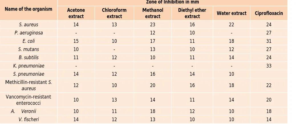 Table 2: The extract of Ocimum sanctum leaves in different solvents showing the zone of inhibition (in mm) against pathogenic bacterial strains 