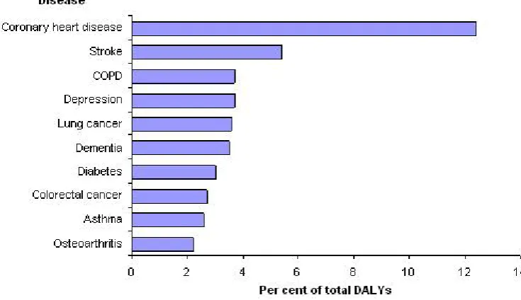 Figure 9 - Top ten leading causes of disease burden in DALYs terms, Australia, 1996 