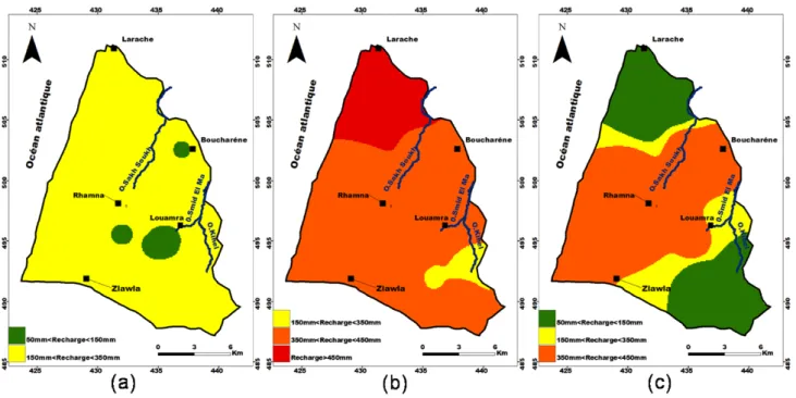Fig. 3   Cartes de recharge de la nappe de R’Mel  (a) : en 2000 ; (b) : en 2003 et (c) : en 2005 