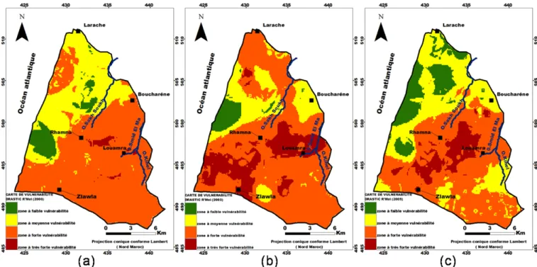 Tableau 3.   Estimation des incertitudes sur les paramètres et les cartes DRASTIC en 2000, 2003 et 2005 